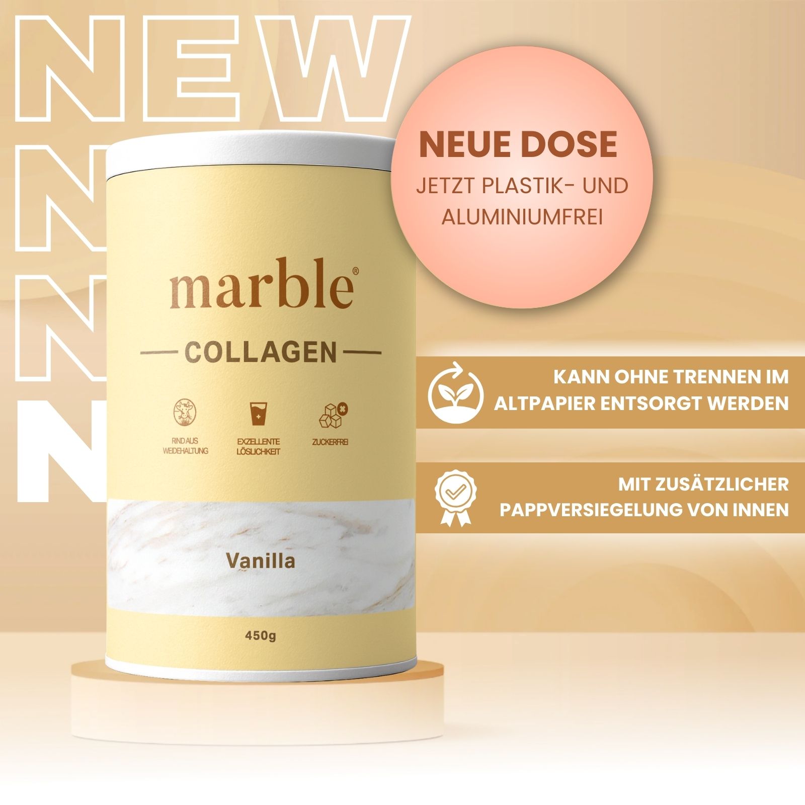 Beige Dose mit Aufschrift marble® COLLAGEN, Vanilla, 450g. Zusätzliche Informationen: Neue Dose, plastik- und aluminiumfrei. Icons.