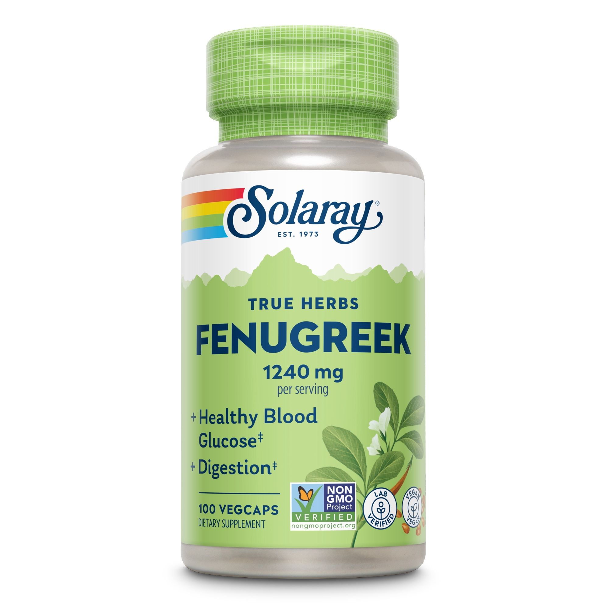 Solaray Bockshornklee-Samen-Flasche. Aufschrift: TRUE HERBS FENUGREEK, 1240 mg pro Portion. 100 Vegicaps. Mit Zertifizierungen.