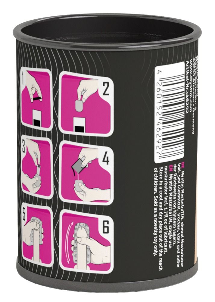 Zylindrische Dose mit Anweisungen. Enthält Abbildungen zur Anwendung. Barcode und Produktinformationen.