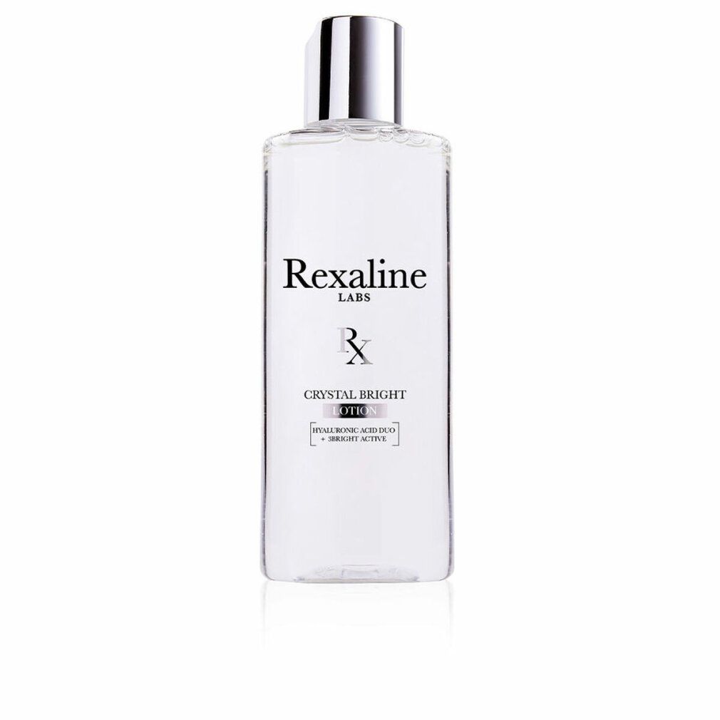 Rechteckige Flasche mit silbernem Deckel. Aufschrift: Rexaline Labs, Crystal Bright Lotion, Hyaluronsäure Duo + Bright Active.