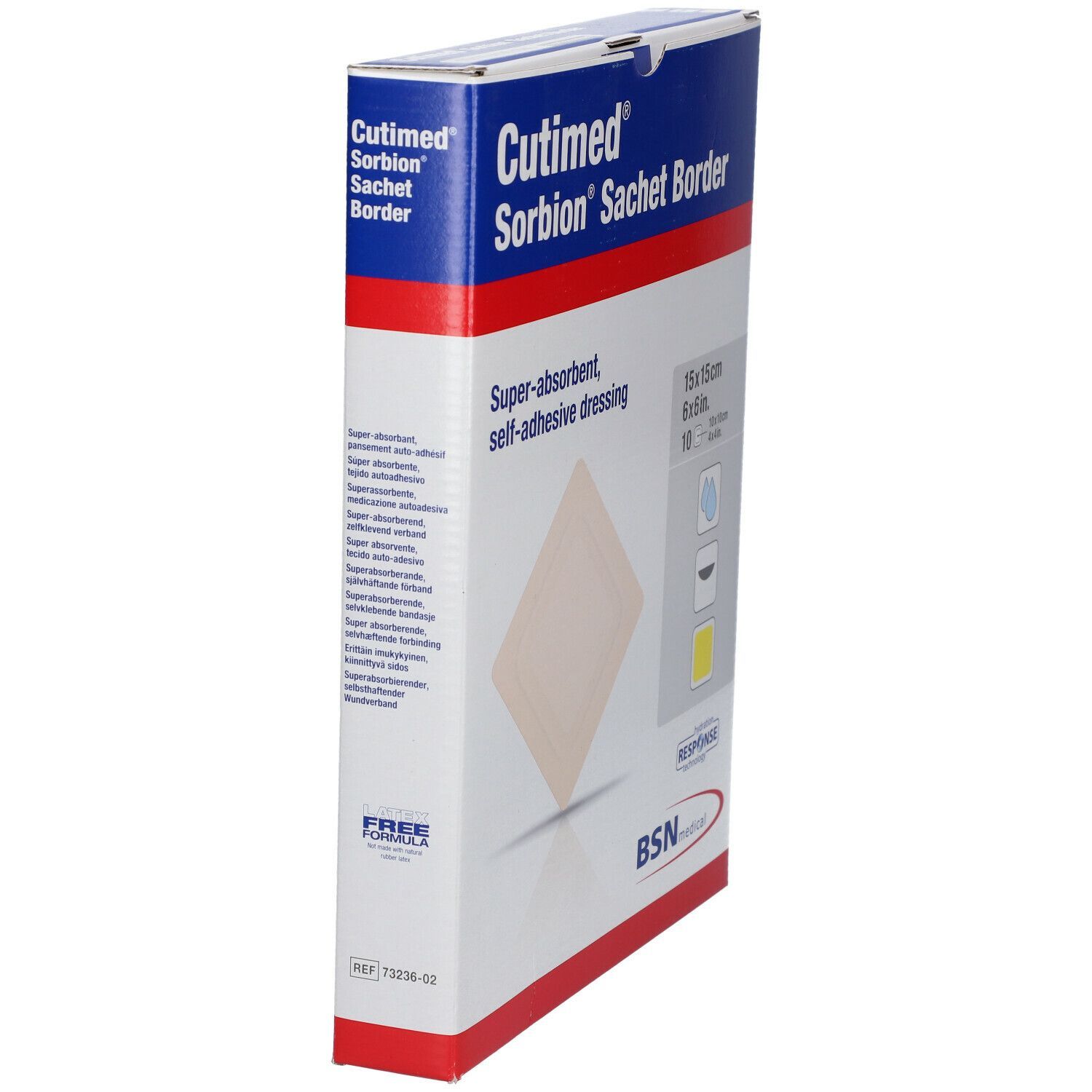 Verpackung von Cutimed Sorbion Sachet Border. Box mit Produktabbildung und Produktinformationen. BSN medical Logo.
