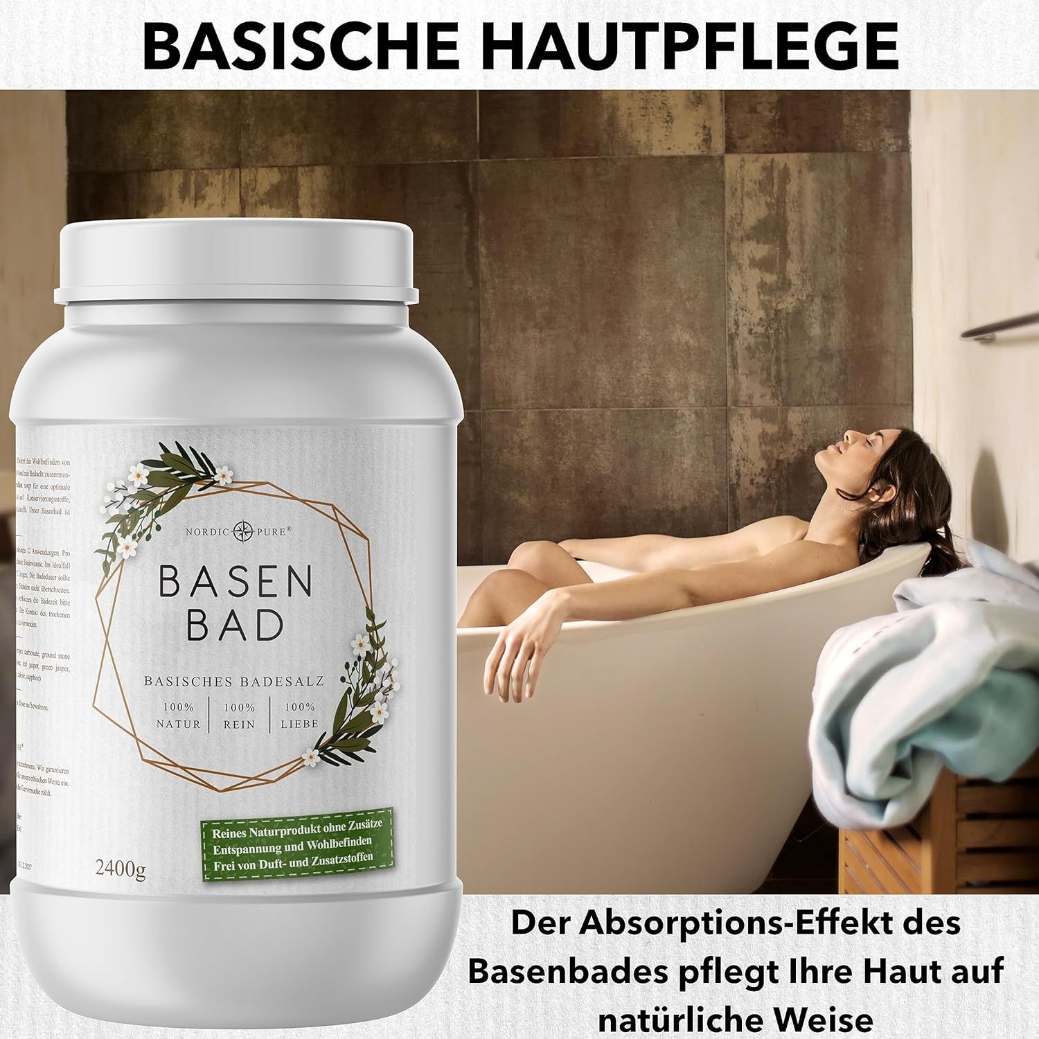 Weißer Behälter "BASEN BAD" neben einer Frau in Badewanne. Etikett mit floralem Design. 2400g.