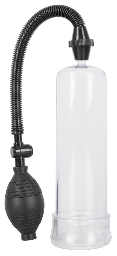 Transparenter Zylinder mit schwarzem Schlauch und Pumpe. Der Zylinder hat einen Sockel. Die Pumpe ist birnenförmig.