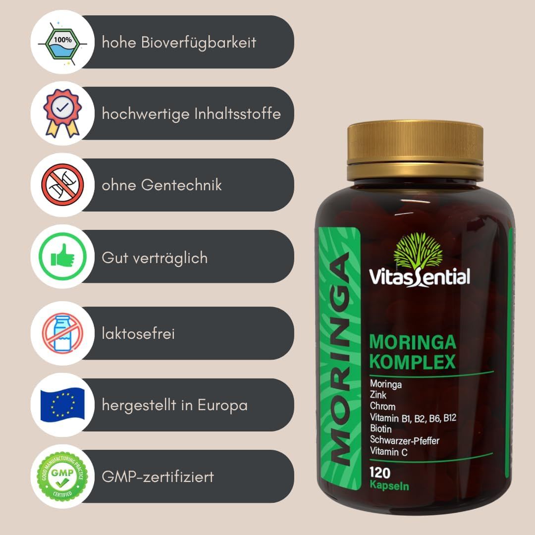 Braune Flasche mit grünem Etikett. Vitassential Moringa Komplex. 120 Kapseln. GMP-zertifiziert.