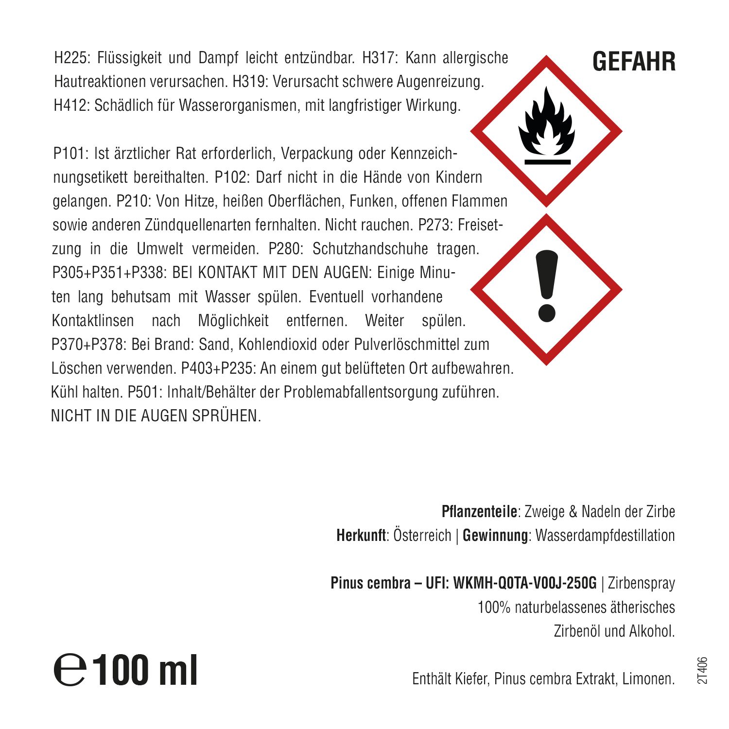 Etikett mit Gefahrensymbolen und Text. Enthält Informationen zu Gefahrenhinweisen und Inhaltsstoffen. 100 ml.