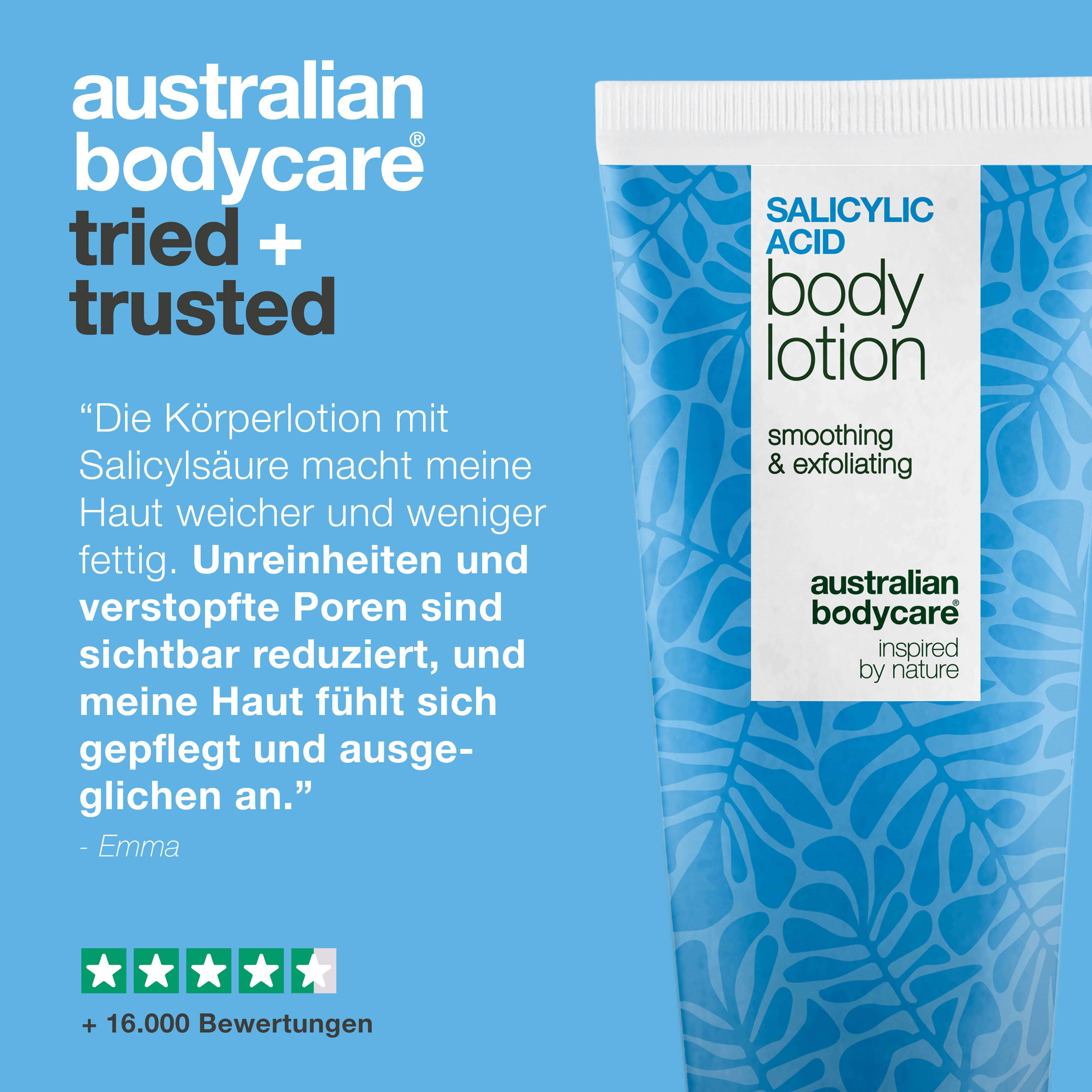 Tube Salicylsäure-Körperlotion. Text: smoothing & exfoliating. Marke: Australian Bodycare. Zitat und Sterne-Bewertung.