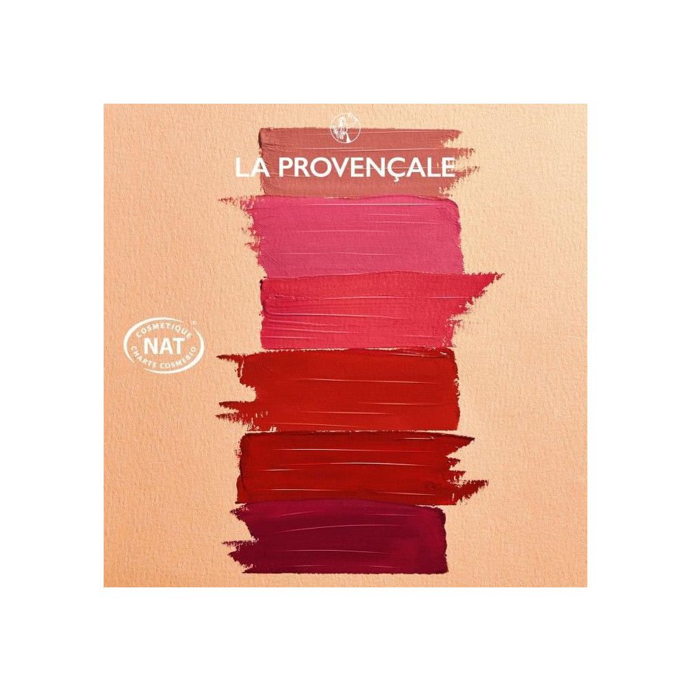 Farbproben von Lippenstiften in verschiedenen Rottönen. Aufschrift: La Provençale. Zertifizierung NAT.