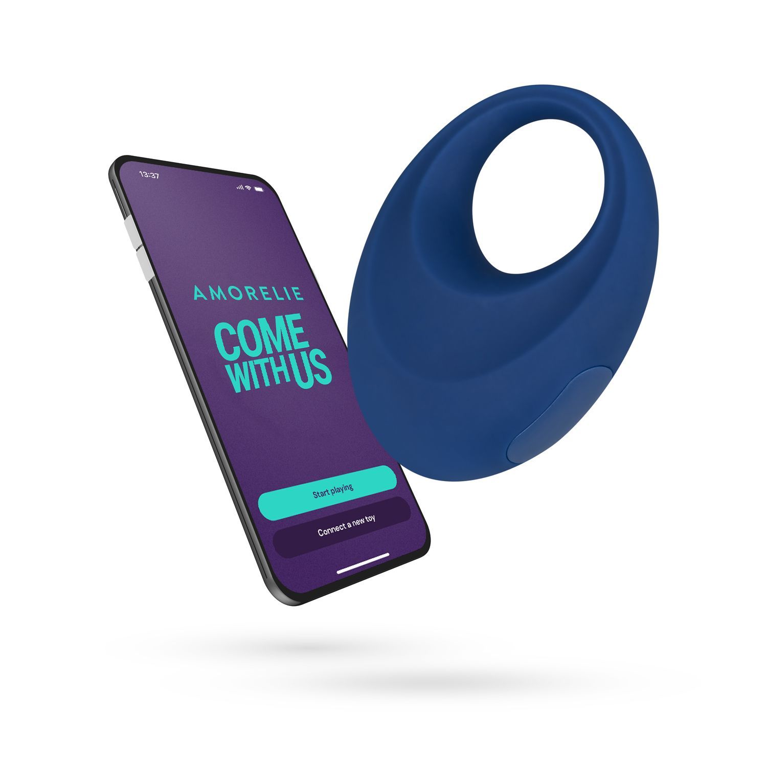 Blaues, ringförmiges Produkt neben Smartphone mit AMORELIE-App. Auf dem Bildschirm: "COME WITH US".