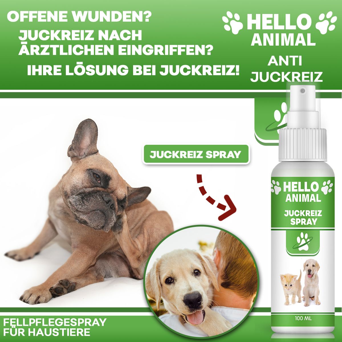 Sprayflasche mit grünem Etikett. Text: HELLO ANIMAL, Juckreiz Spray. Bild: Hund kratzt sich. Zusätzlicher Text.