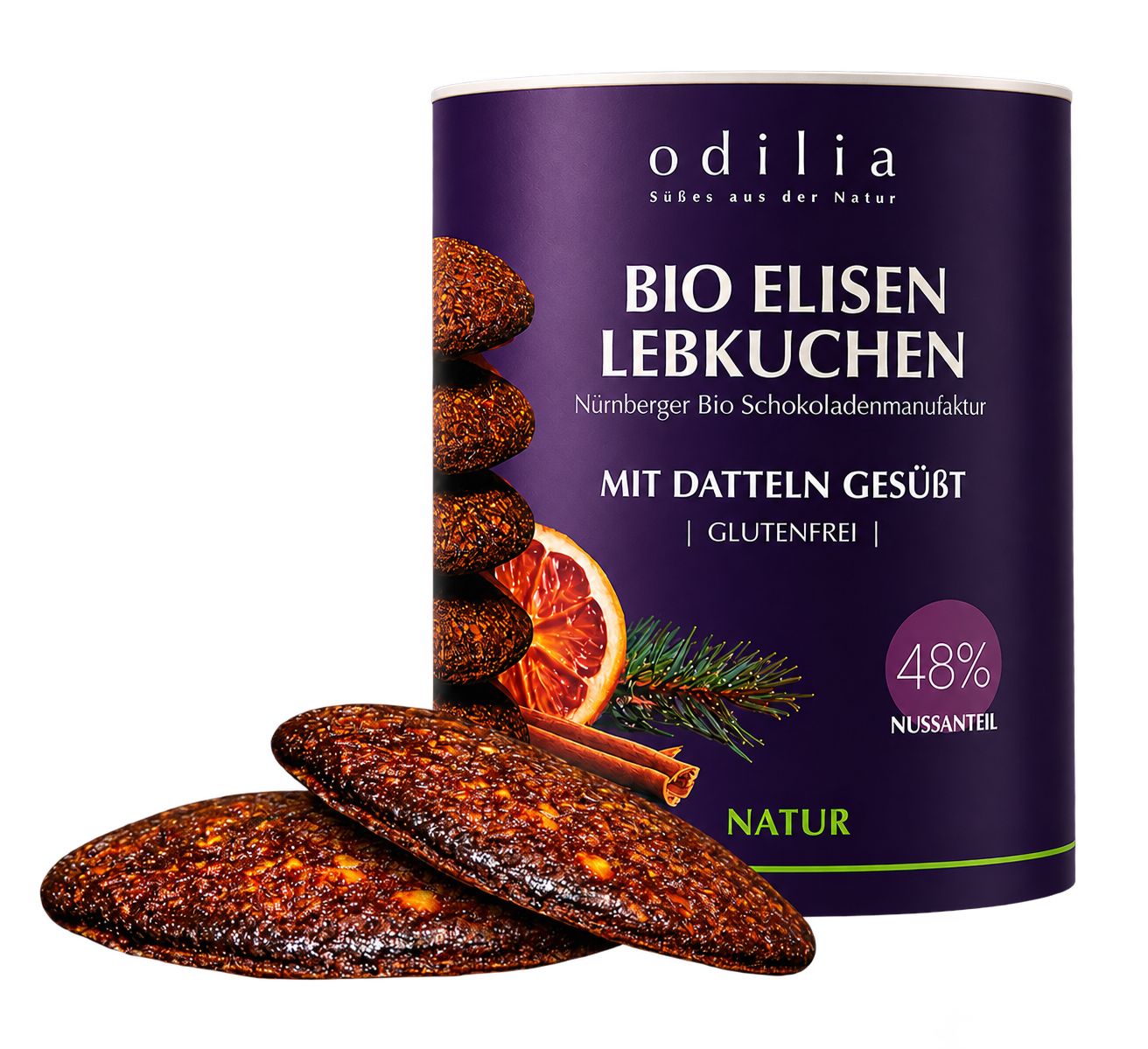 Dose 'Odilia Bio Elisen Lebkuchen' mit Aufdruck 'Glutenfrei', '48% Nussanteil'. Daneben zwei Lebkuchen.