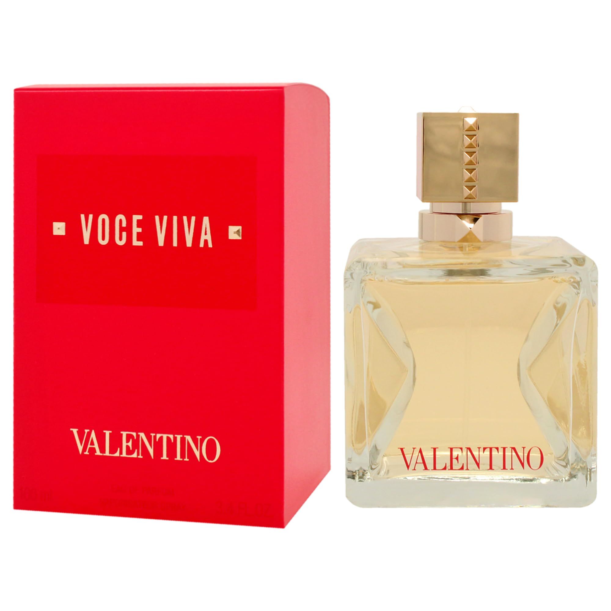 Rote rechteckige Verpackung und Flakon. Aufschrift: VOCE VIVA und VALENTINO. Transparenter Flakon mit goldfarbenem Verschluss.