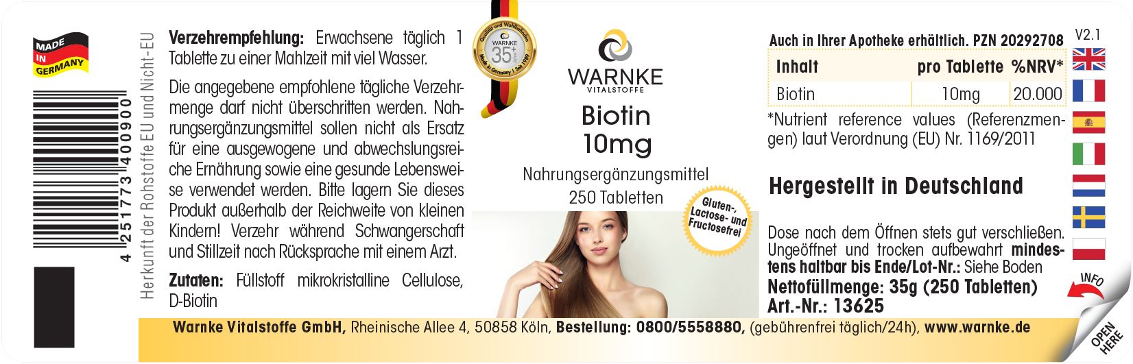 Etikett mit Produktinformationen. Aufschrift: WARNKE Biotin 10mg, 250 Tabletten. Bild einer Frau mit langen Haaren. Hergestellt in Deutschland.