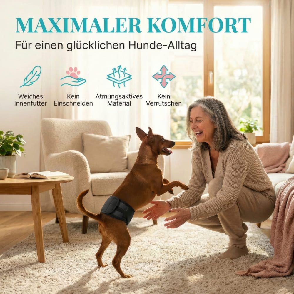 Hund mit Windel springt. Frau lacht. Text: Maximaler Komfort. Symbole: weich, kein Einschneiden, atmungsaktiv, kein Verrutschen.