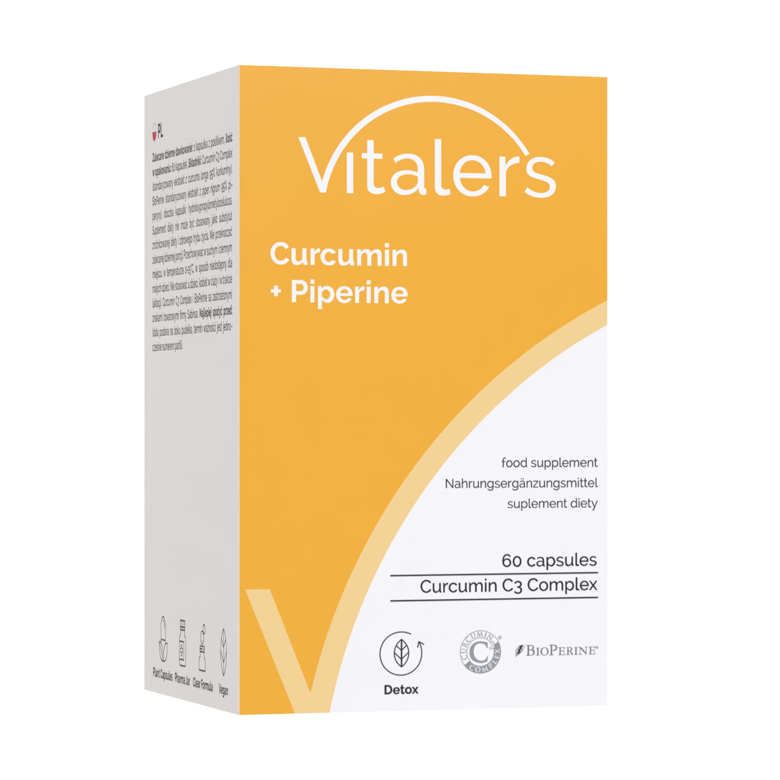 Verpackung von Vitaler's Curcumin + Piperine Kapseln. Enthält 60 Kapseln. Nahrungsergänzungsmittel.
