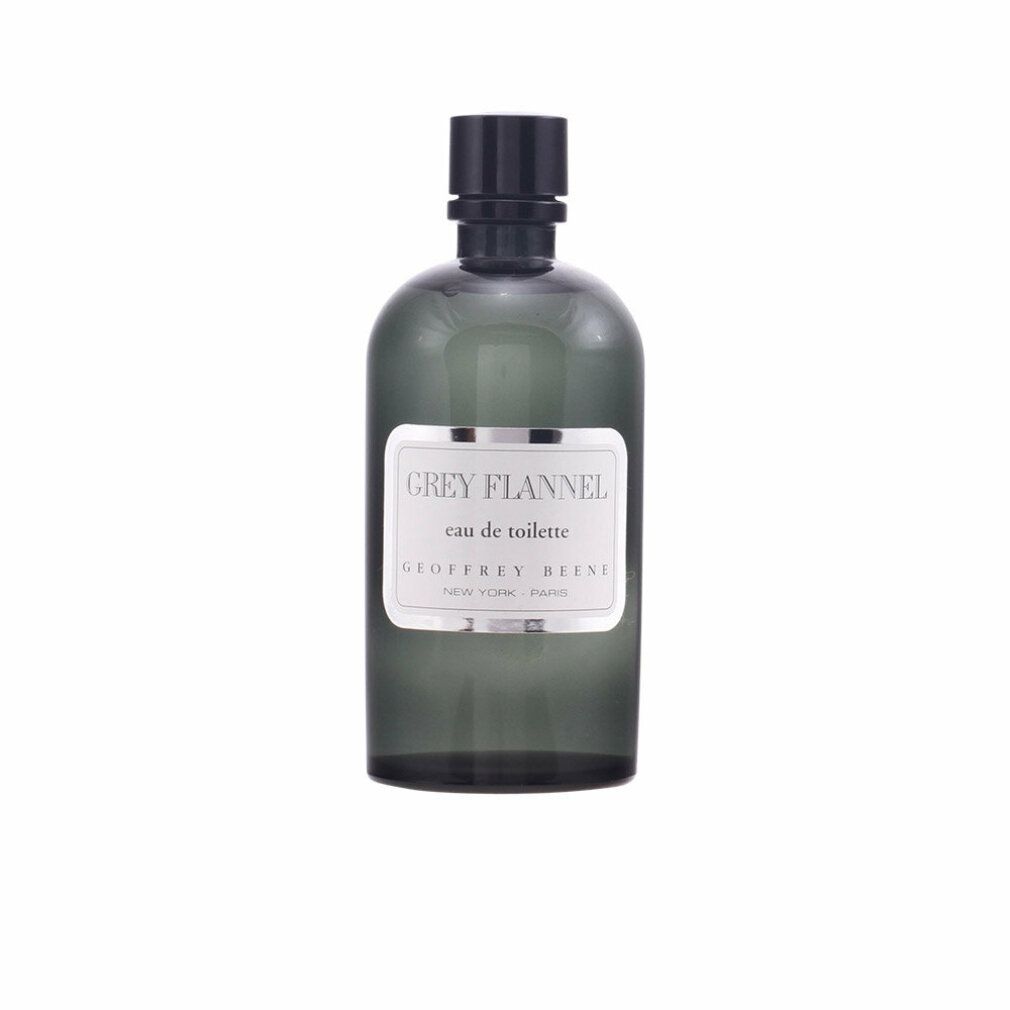 Grauer Flakon mit Etikett "Grey Flannel eau de toilette" und Logo "Geoffrey Beene".