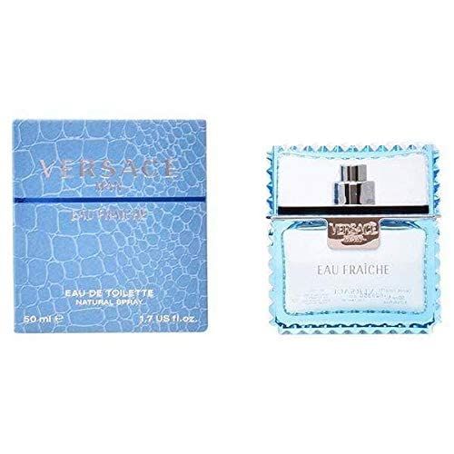 Parfümflakon und Schachtel. Auf der Schachtel steht "Versace Man Eau Fraîche". Flakon mit silbernem Deckel.