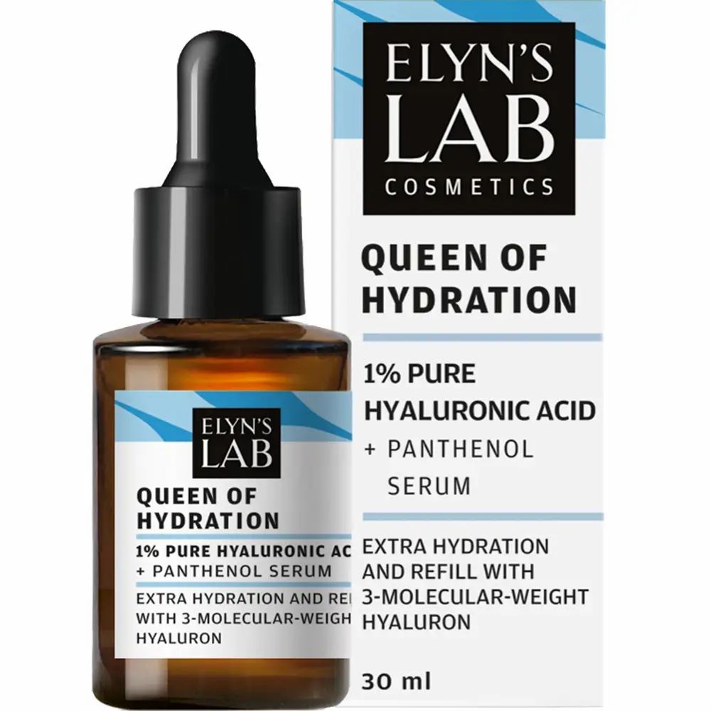 Produktflasche und Verpackung. Flasche mit Pipette und Verpackung mit "ELYN'S LAB" und "Queen of Hydration".