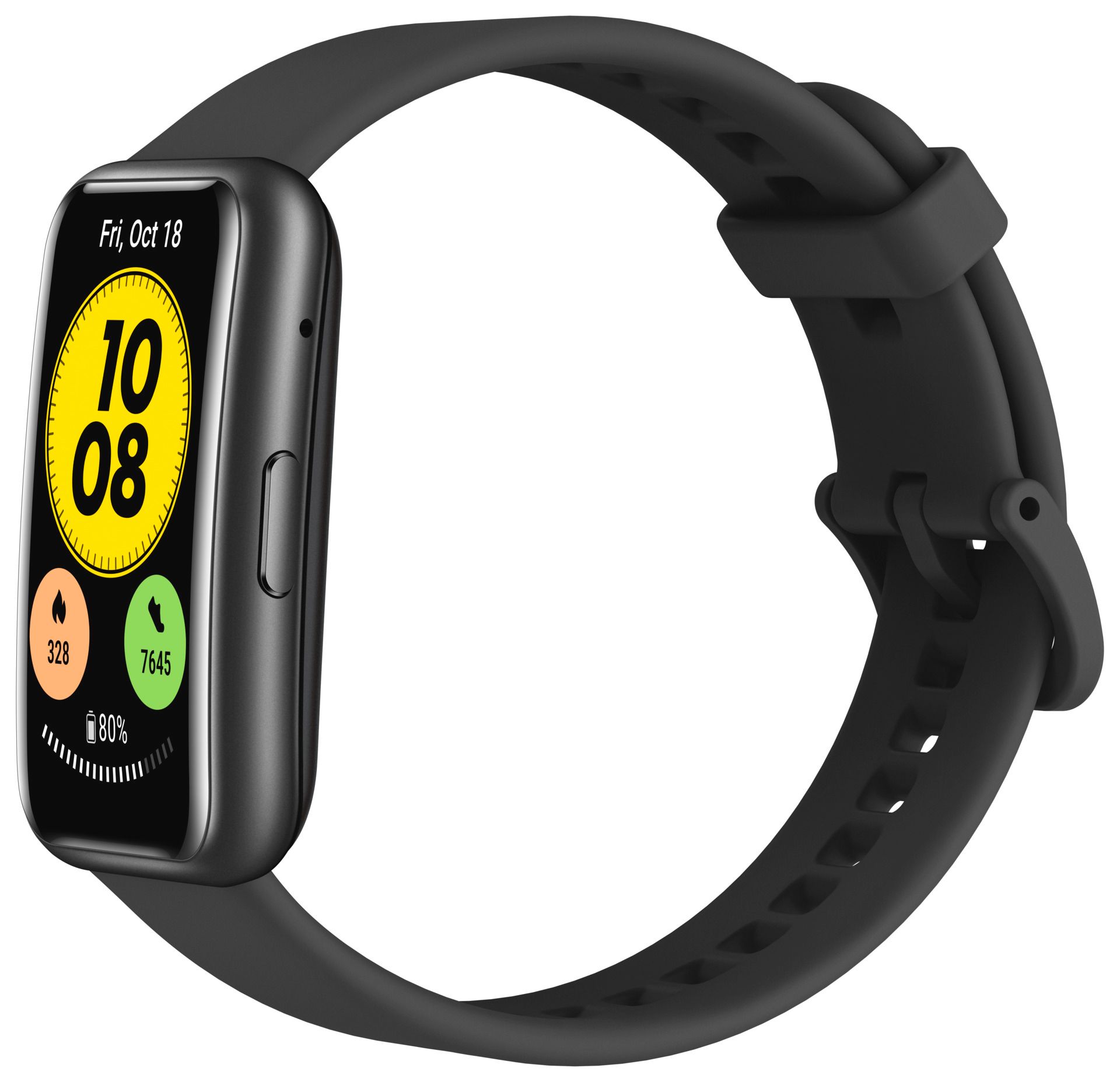 Schwarze Smartwatch mit rechteckigem Display. Zeigt Uhrzeit, Datum, verbrannte Kalorien, Schritte und Akkustand an.