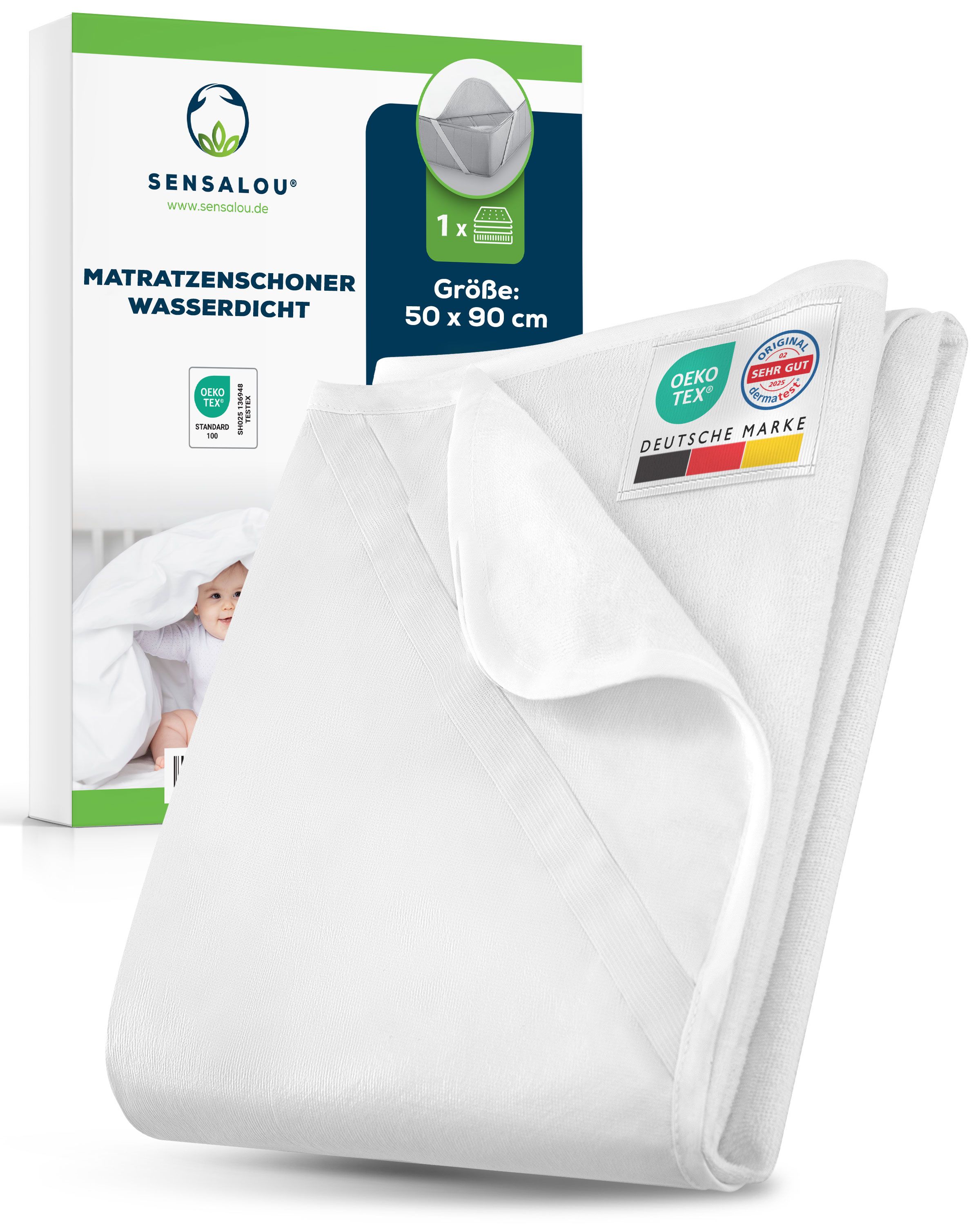 Weiße Matratzenauflage, 50x90cm, wasserdicht. Verpackung mit Produktname und Logo. Oeko-Tex-Zertifizierung.