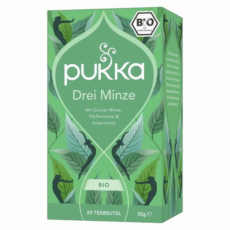 Grüne Teebox mit "Pukka Drei Minze"-Aufdruck. Enthält 20 Teebeutel. Bio-Zertifizierung. Grün und weißes Design mit Blättern und Figuren.
