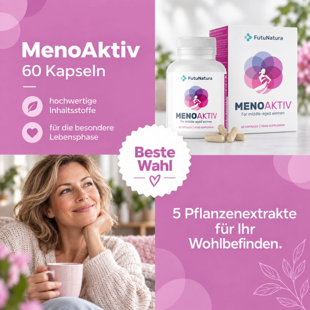 FutuNatura MenoAktiv: Frau, Produkt, 5 Pflanzenextrakte für Wohlbefinden.