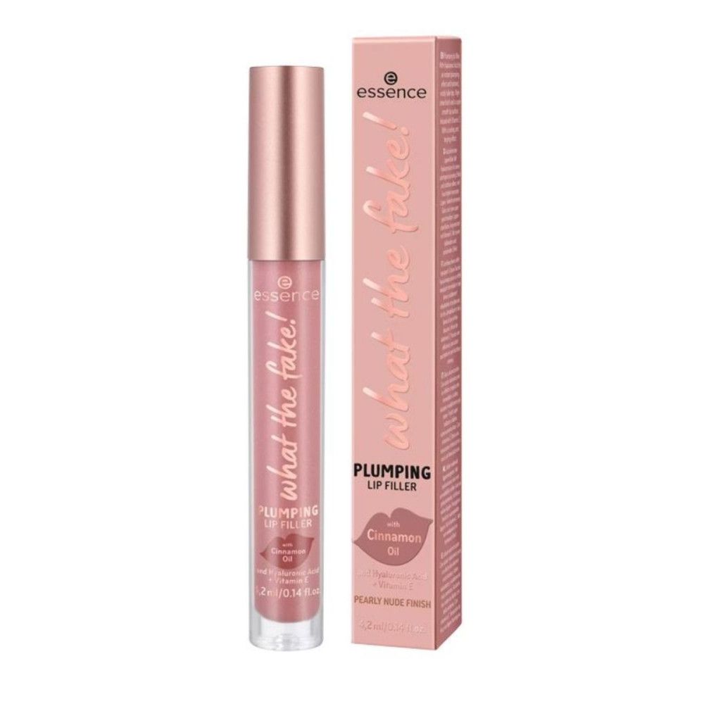 Lippenvolumen Gloss mit Verpackung. Rosa Tube und Schachtel. Aufschrift: What the Fake!, Plumping Lip Filler.