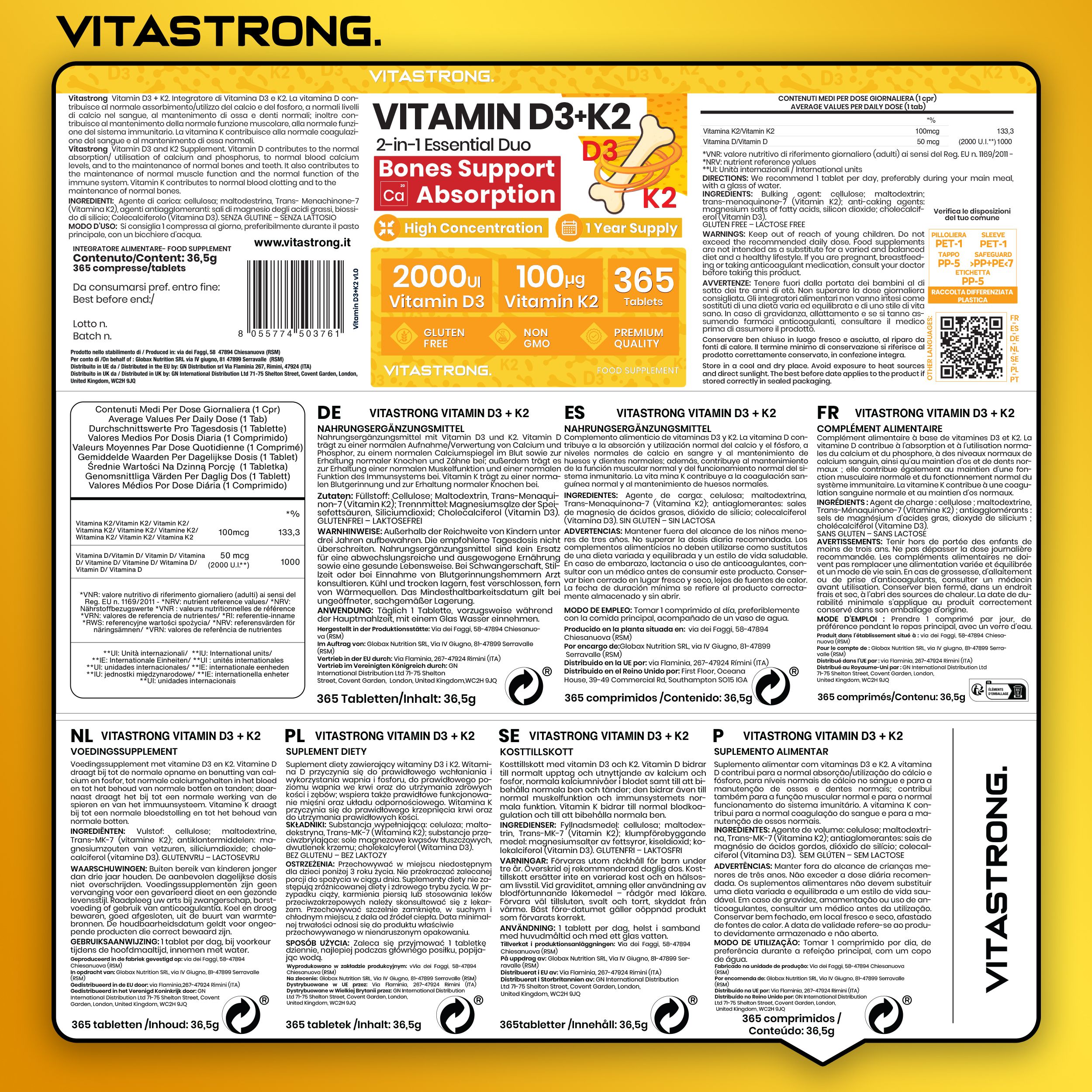 Rückseite der Vitastrong Vitamin D3 + K2 Verpackung. Text in Deutsch, Englisch, Französisch, Italienisch, Niederländisch, Polnisch, Schwedisch, Portugiesisch.