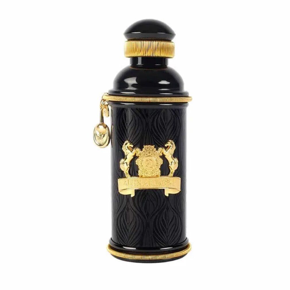 Schwarze Flasche mit goldfarbenen Verzierungen. Geprägtes Muster. Goldfarbene Kette mit Anhänger.