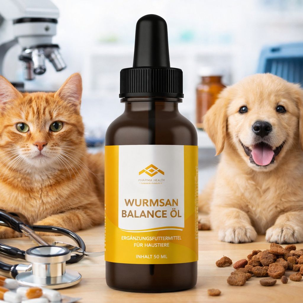 Braune Flasche mit Tropfer, gelbes Etikett. Katze und Hund neben Flasche. Produktname: Wurmsan Balance Öl. Ergänzungsfuttermittel für Haustiere.