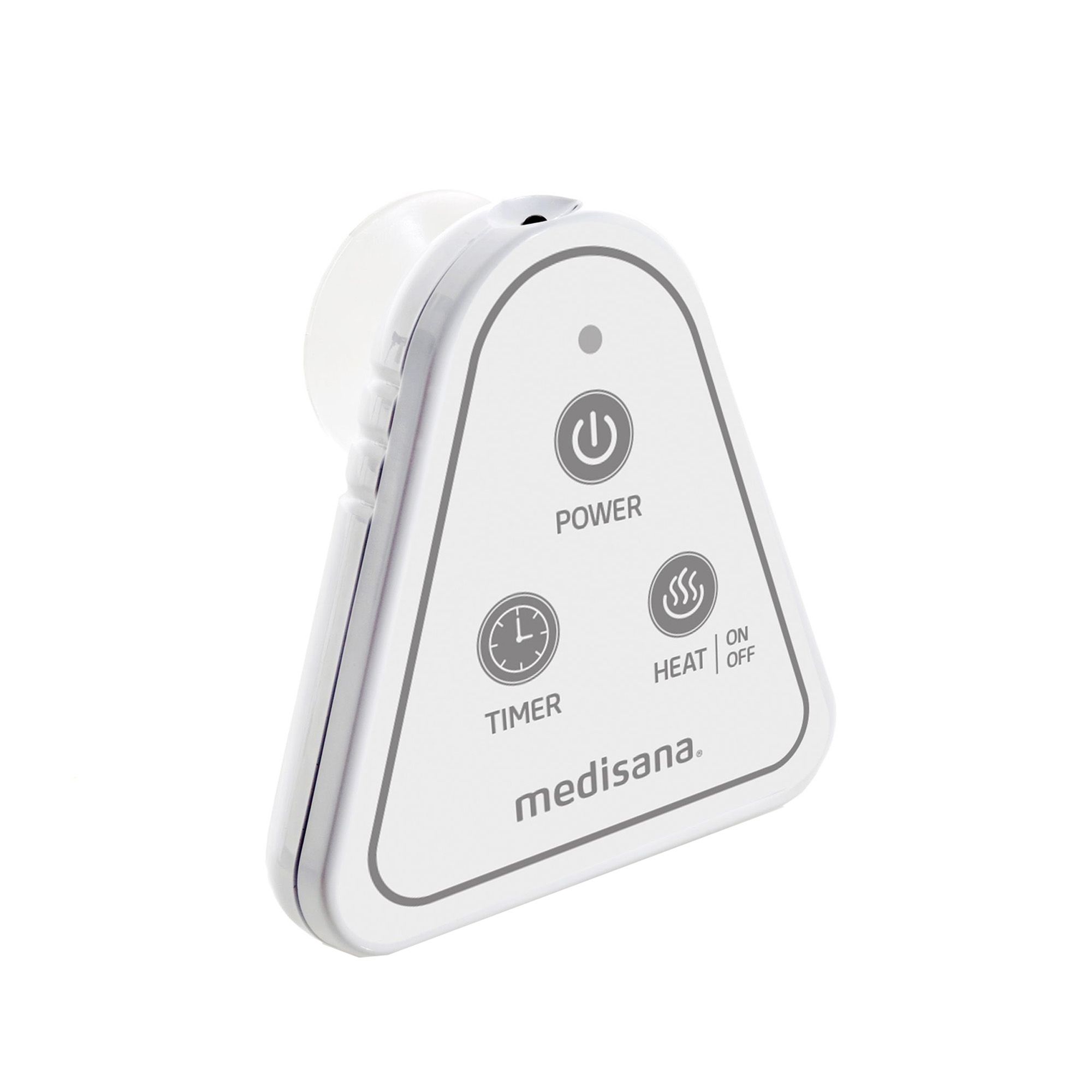 Weiße medisana Fernbedienung mit Power-, Timer- und Heizfunktionstasten.