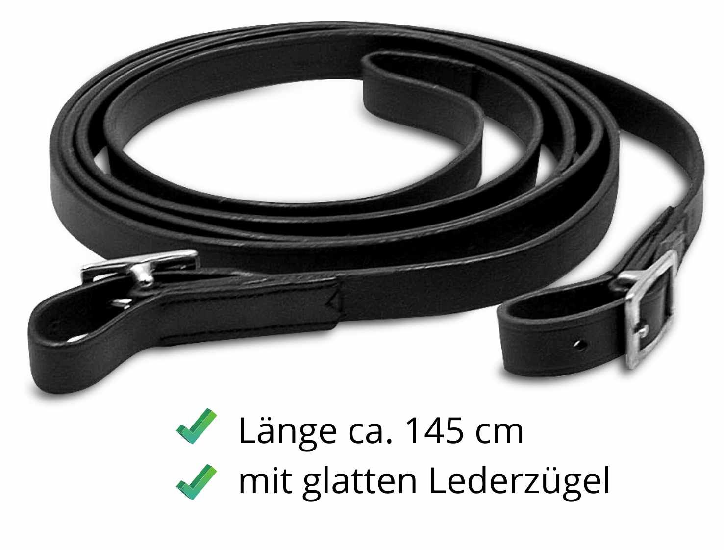 Schwarze Lederzügel mit silberfarbenen Schnallen. Länge ca. 145 cm.