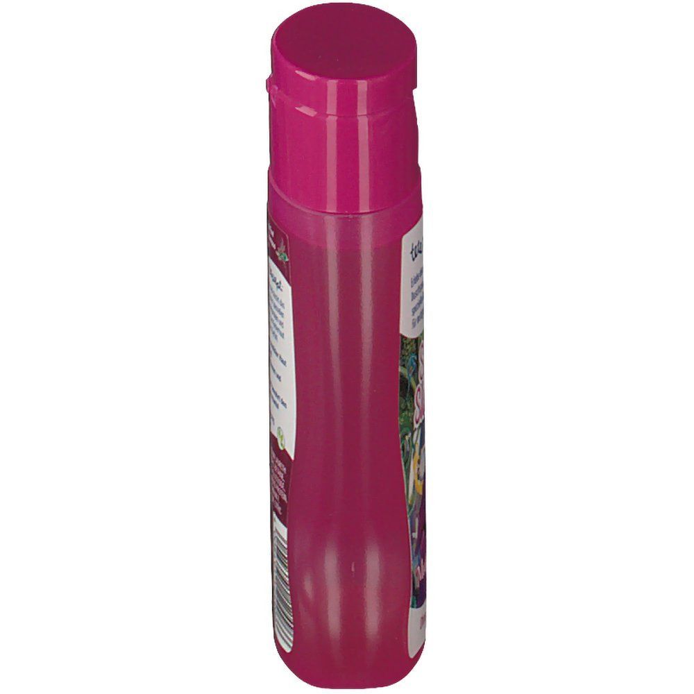 Rosa Flasche tetesept® Shower & Shampoo Mutige Fee. Klappverschluss. Seitenansicht mit Produktetikett.