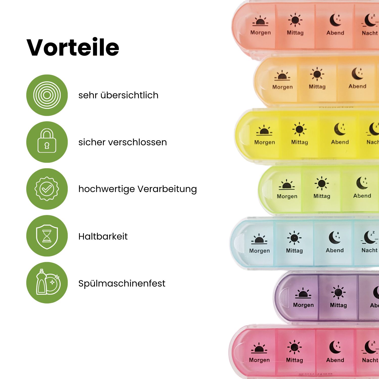 Mehrere farbige Pillenboxen mit Morgen, Mittag, Abend-Beschriftung. Vorteile: übersichtlich, sicher verschlossen, hochwertige Verarbeitung, haltbar.