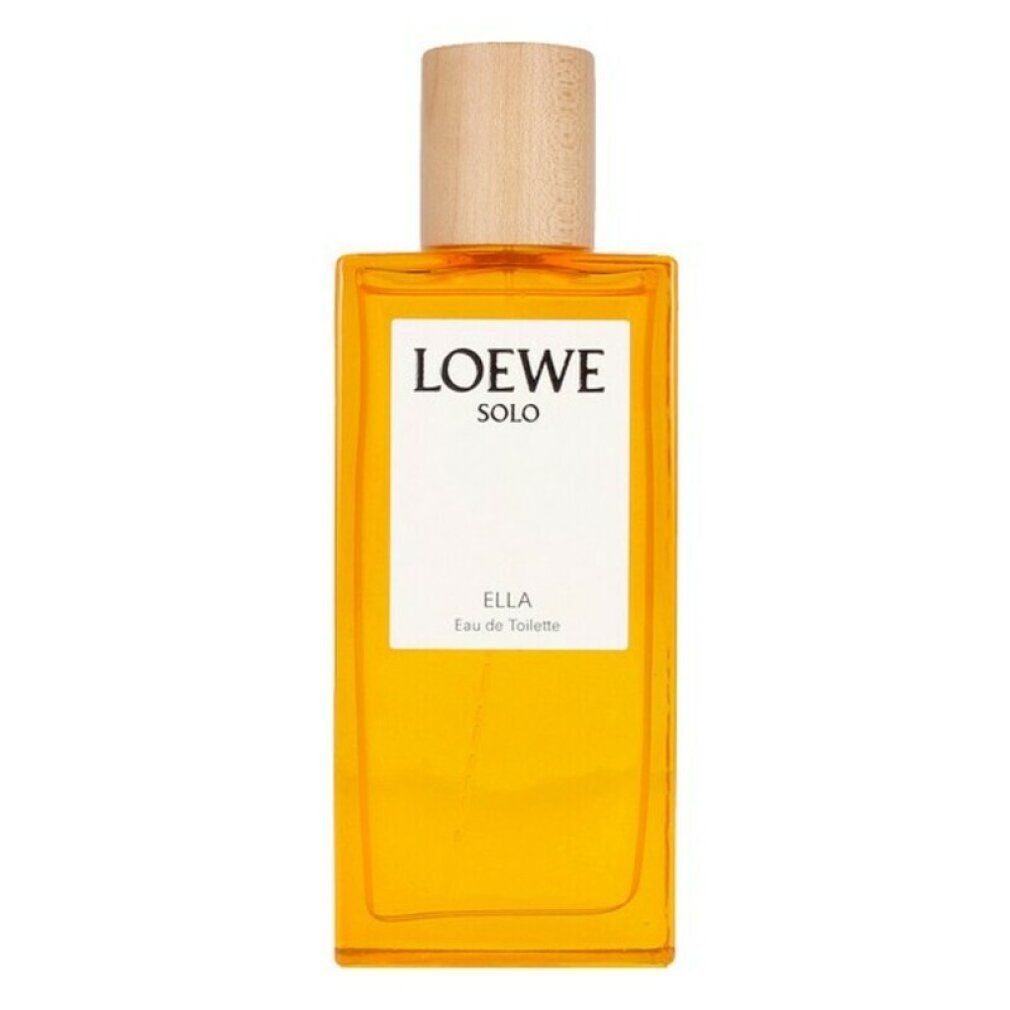 Rechteckige Flasche mit Holzverschluss. Auf weißem Etikett: LOEWE SOLO, ELLA, Eau de Toilette. Gelbe Flüssigkeit sichtbar.