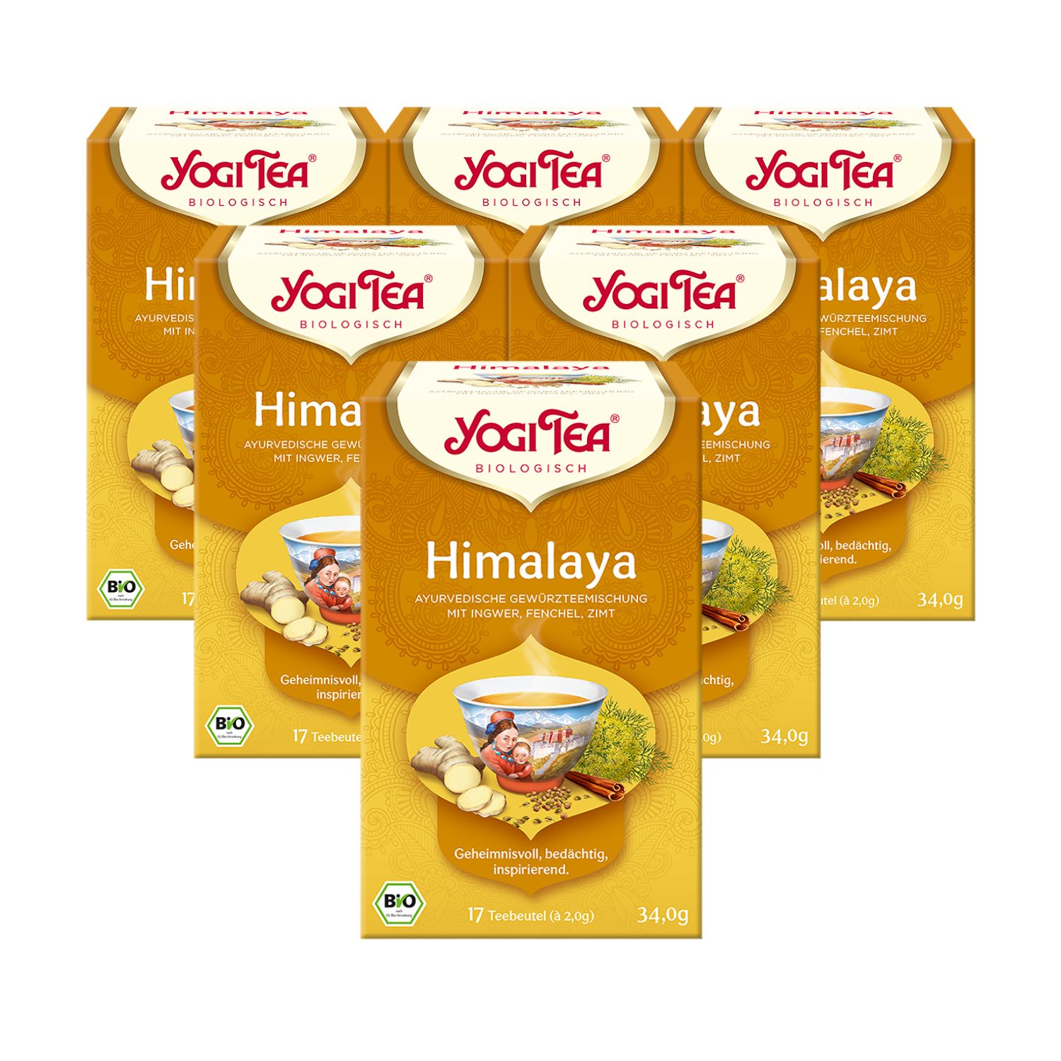 Mehrere Packungen Yogi Tea Himalaya Chai Bio Gewürztee. Aufdrucke: Yogi Tea, Himalaya, biologisch, 17 Teebeutel, 34,0g.