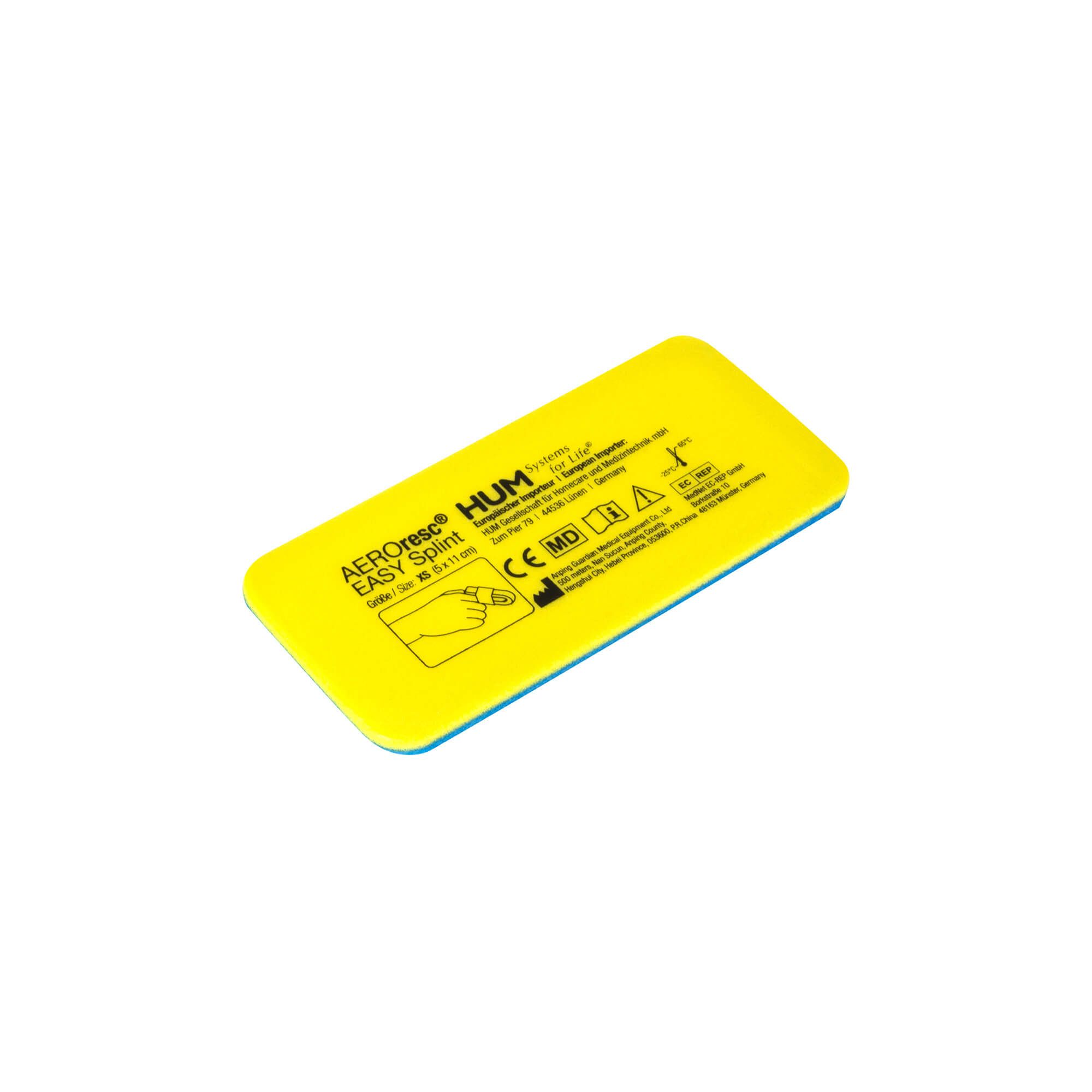 Gelbe, rechteckige Schiene. Aufschrift: AEROresc EASY Splint, HUM. Mit CE-Kennzeichnung und Piktogrammen. Blaue Kanten.