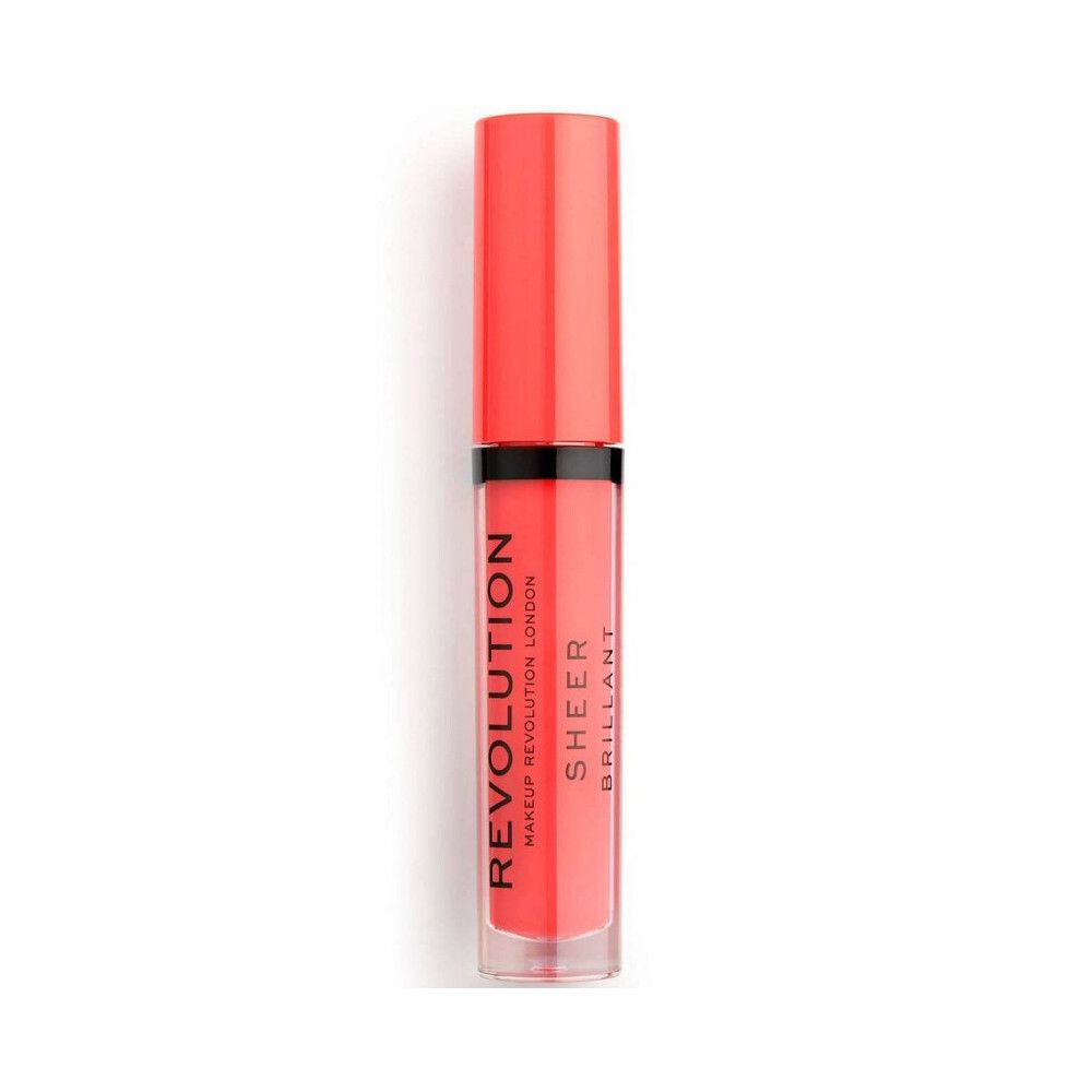 Lipgloss-Tube mit rotem Inhalt. Marke: Makeup Revolution. Text: Sheer Brillant.