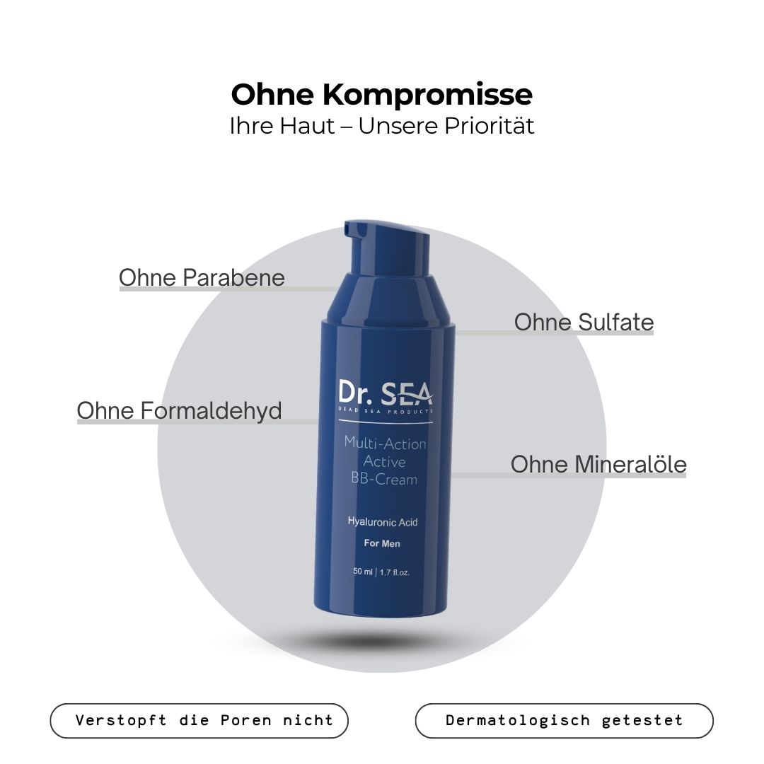 Blaue Flasche mit Dr. SEA Multi-Action BB-Cream für Männer. Text: Ohne Parabene, Sulfate, Formaldehyd, Mineralöle.