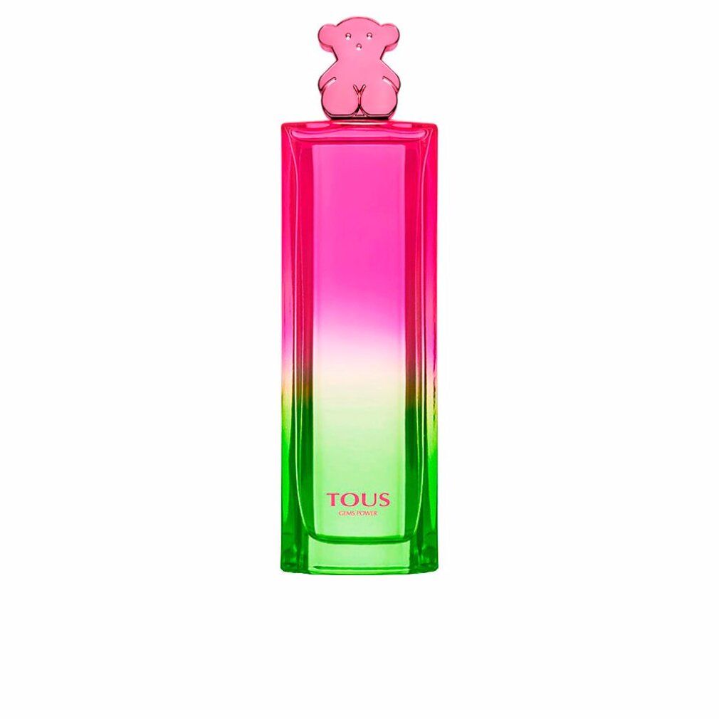 Hoher Parfümflakon mit rosa-grünem Farbverlauf. Rosa Bärenverschluss. Schriftzug: TOUS GEMS POWER.
