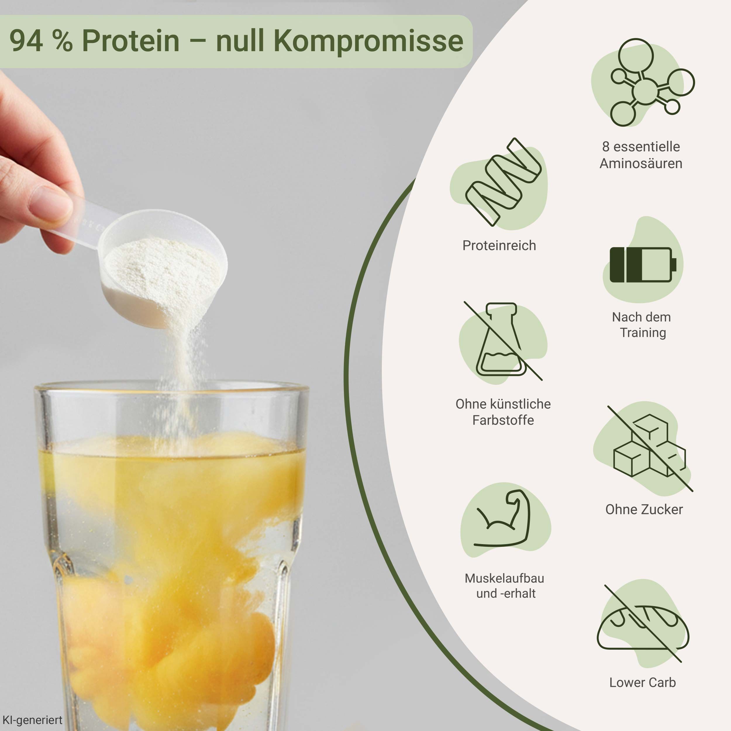 Pulver wird in ein Glas Wasser geschüttet. Icons zeigen: 8 essentielle Aminosäuren, proteinreich, nach dem Training, muskelaufbau.