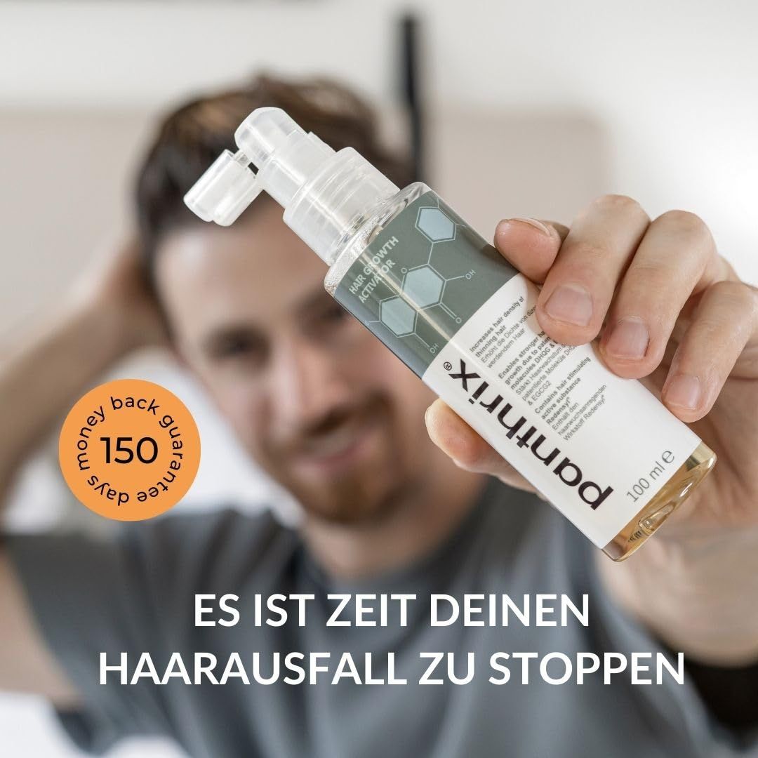 Mann hält Produktflasche. Text: Es ist Zeit, deinen Haarausfall zu stoppen. 150 Tage Geld-zurück-Garantie.
