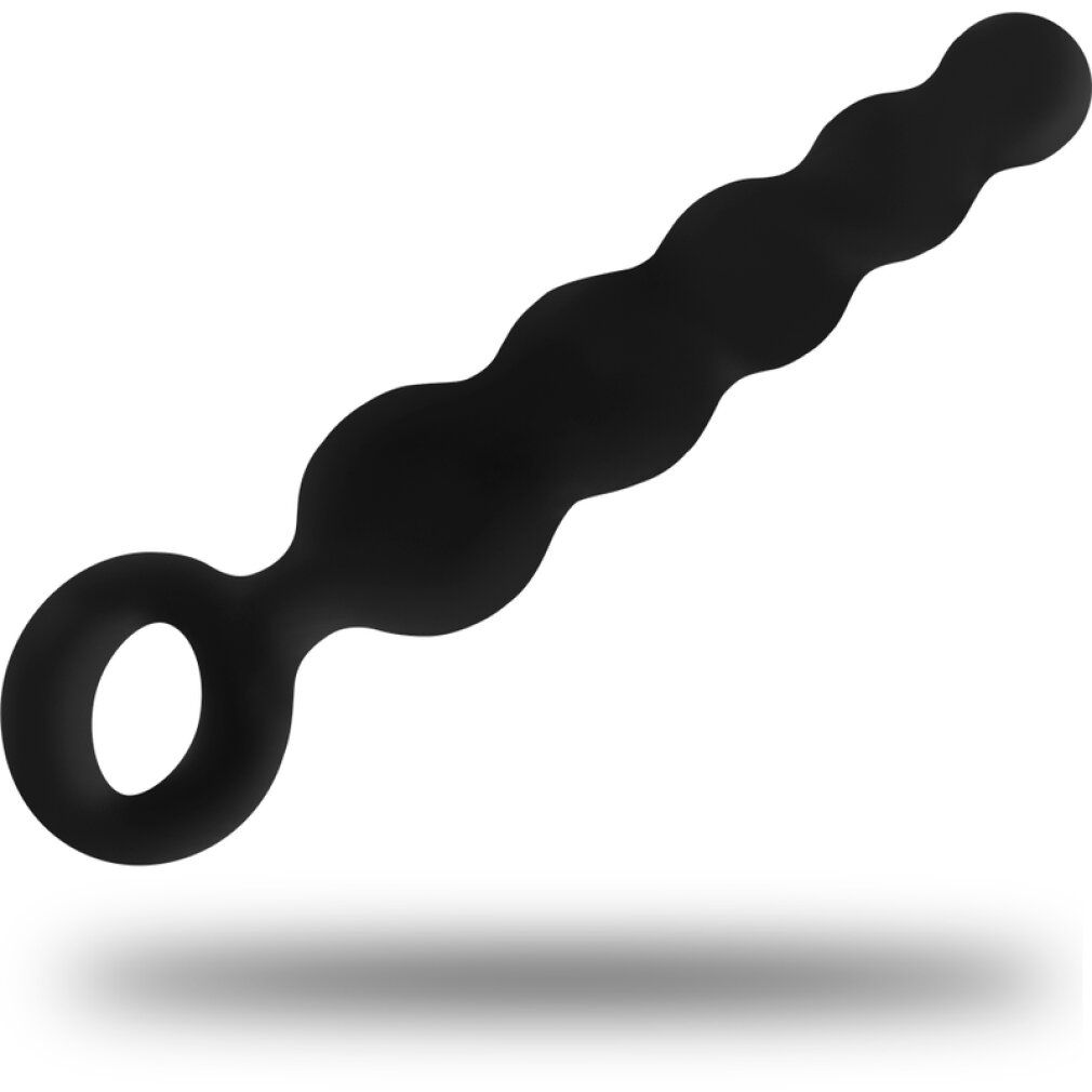 Schwarzer Analplug aus Silikon mit Ring und geriffelter Oberfläche. Schatten.