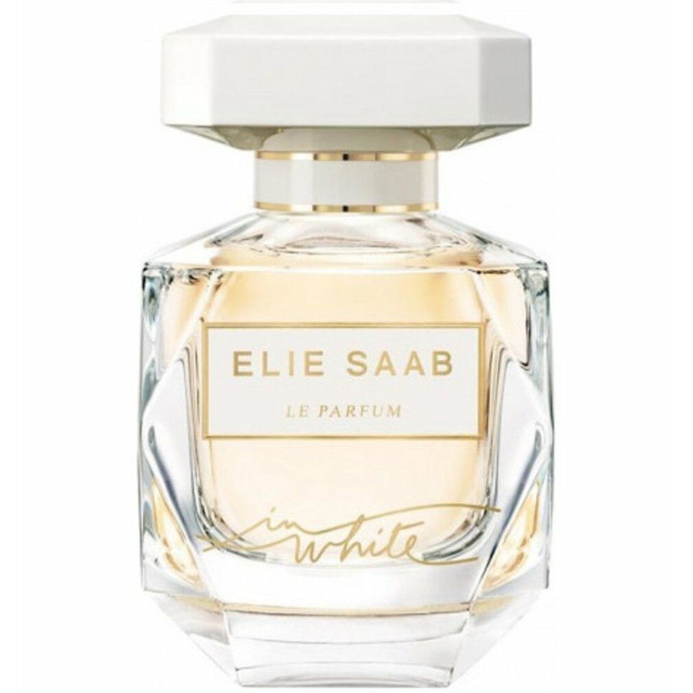 Glasflakon mit weißem Deckel. Goldfarbene Schrift: ELIE SAAB LE PARFUM in white. Klarer, goldfarbener Inhalt.