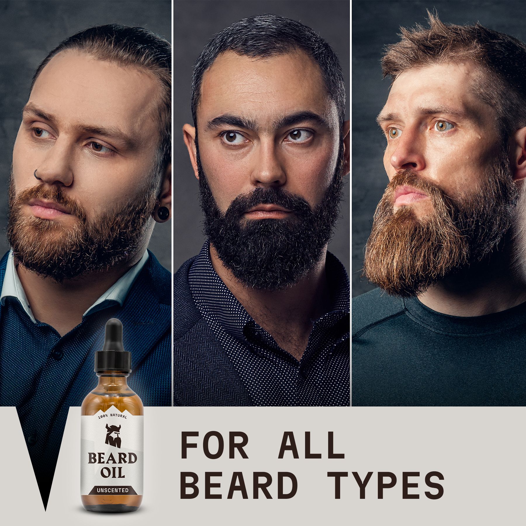Collage aus drei Männerporträts mit Bärten und einer Bartölflasche. Text: "FOR ALL BEARD TYPES".