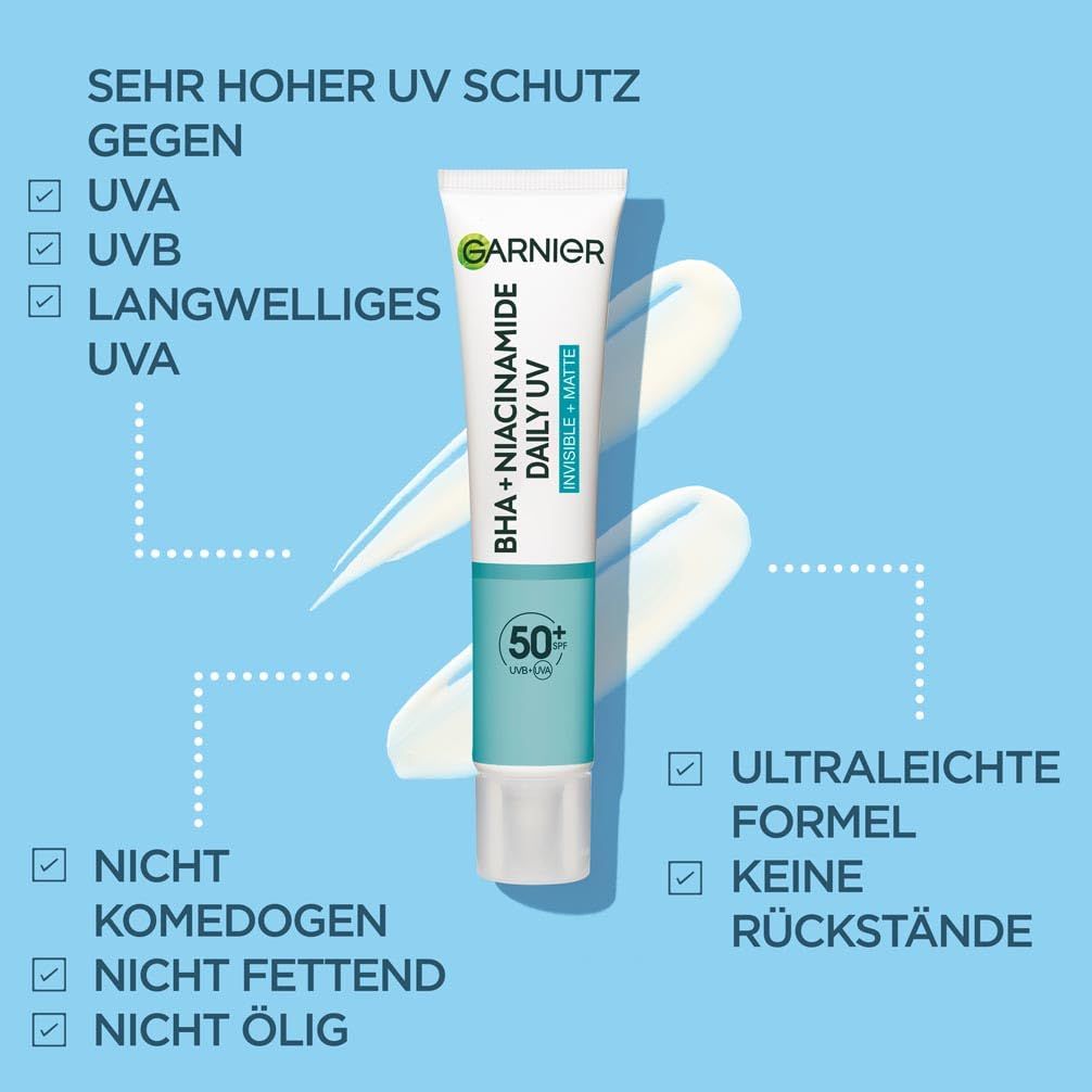 Garnier Hautklar BHA + Niacinamid Daily UV. Tube mit Creme. Text: LSF 50+, nicht komedogen, ultraleichte Formel.