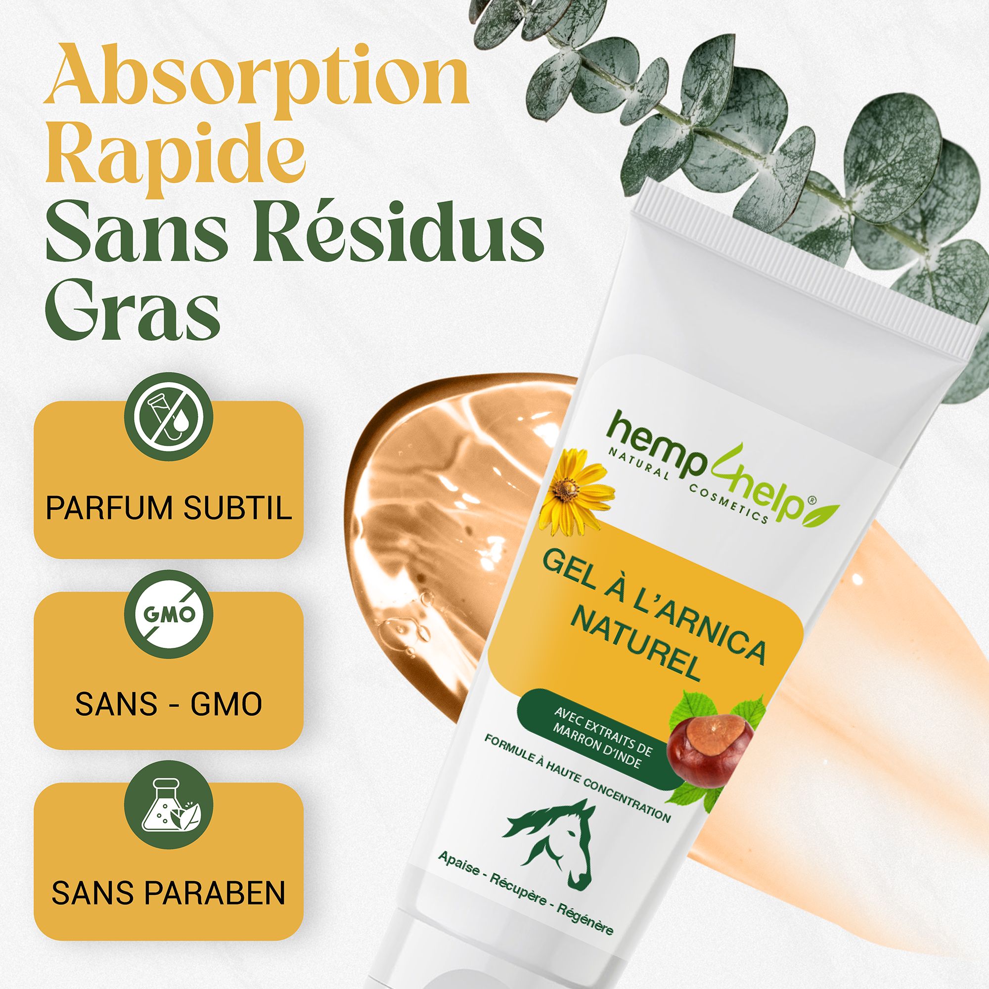 Weiße Tube mit gelbem Etikett. Text: Gel à l'Arnica Naturel. Logos: Ohne Parfüm, ohne GVO, ohne Parabene. Pferd-Logo.