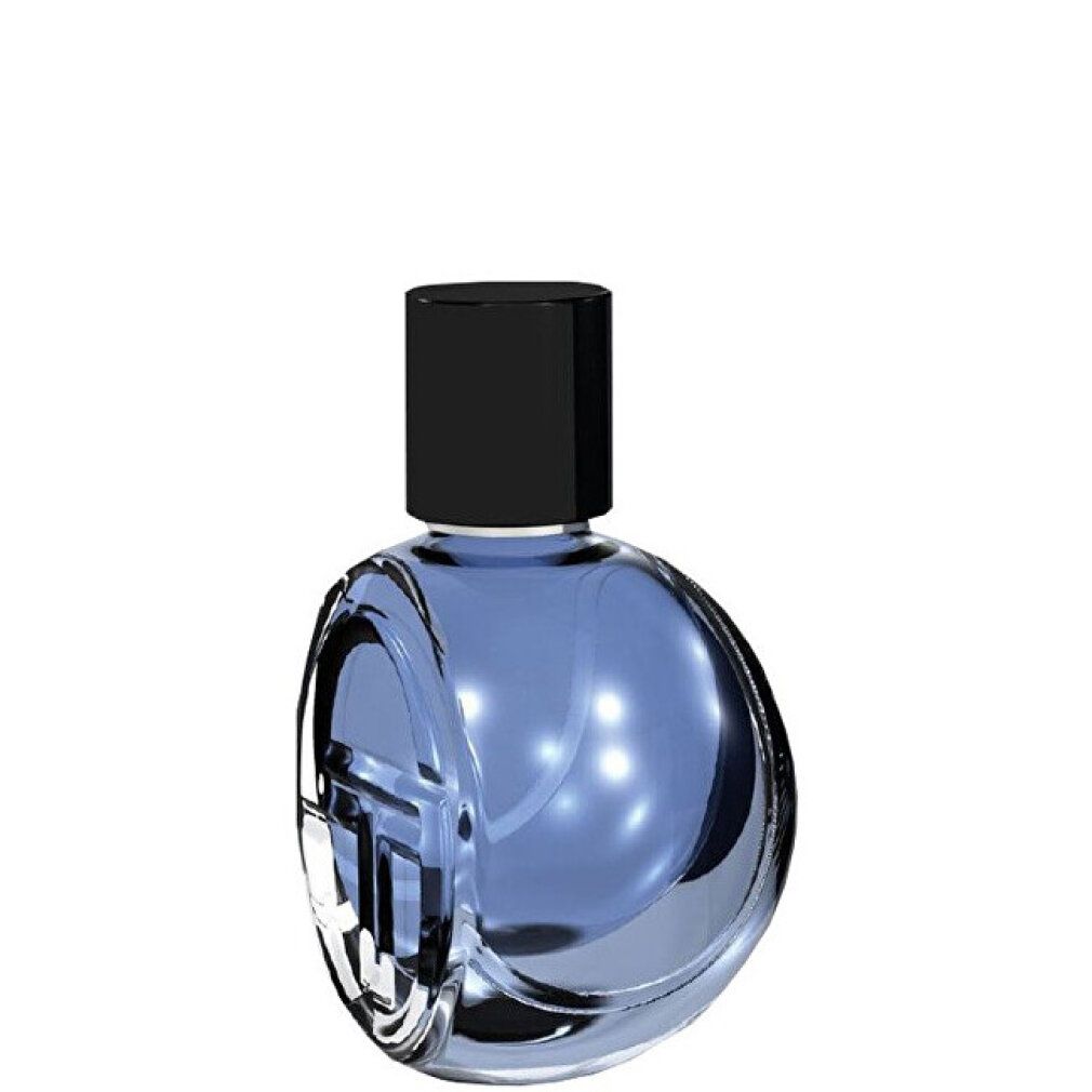 Sergio Tacchini Smash Eau de Toilette Flakon, blau, mit schwarzem Verschluss.