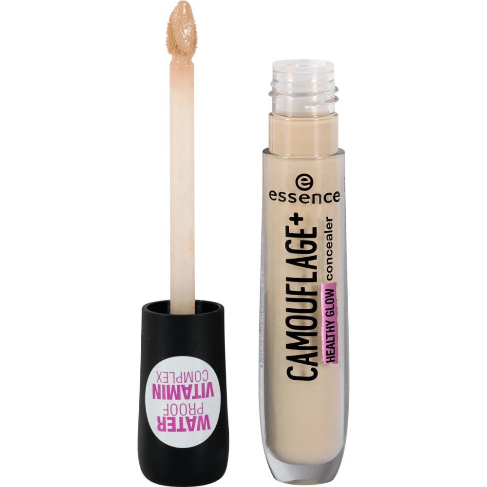 Concealer-Tube mit Applikator. Aufschrift: CAMOUFLAGE+ HEALTHY GLOW concealer. Applikator mit Produkt. Wasserfest, Vitamin-Komplex.