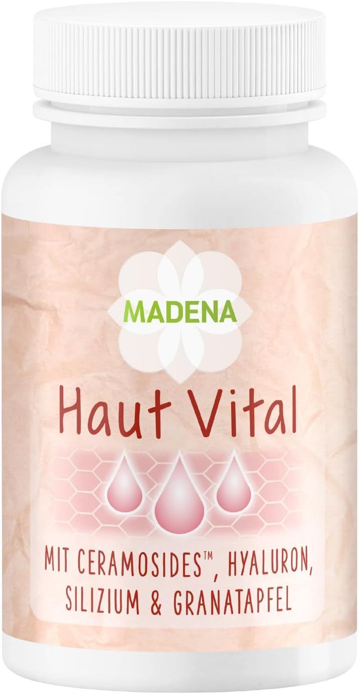 Weiße Flasche mit MADENA Haut Vital Kapseln. Text: Haut Vital, mit Ceramosides, Hyaluron, Silizium & Granatapfel.