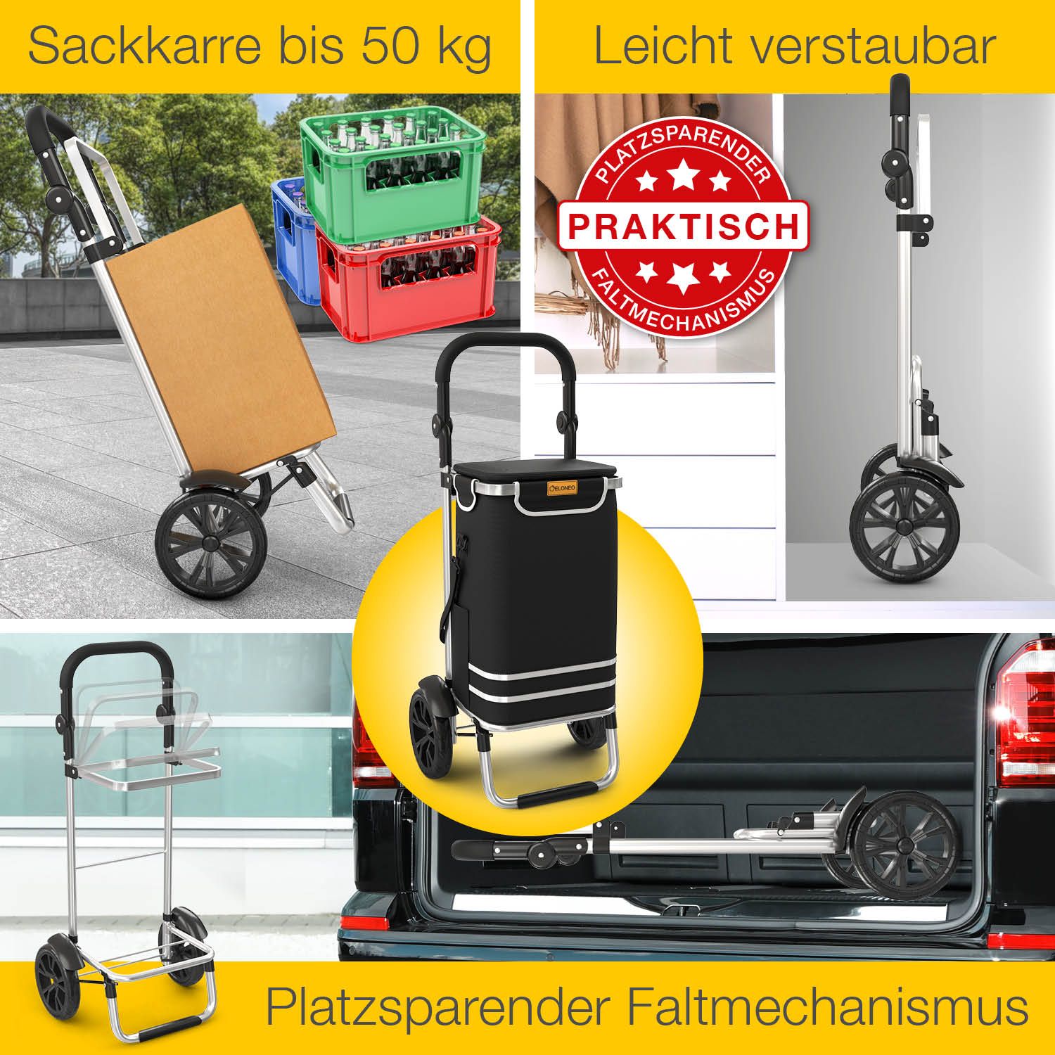 Einkaufstrolley, 3in1, klappbar. Mehrere Bilder zeigen den Trolley in verschiedenen Situationen und gefaltet.